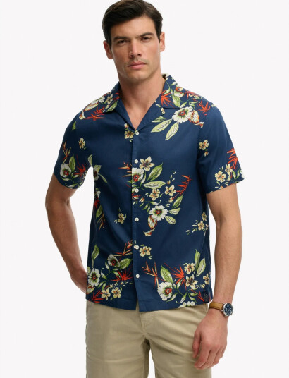 Superdry Hawaiian Print S/S Shirt   Navy   XL