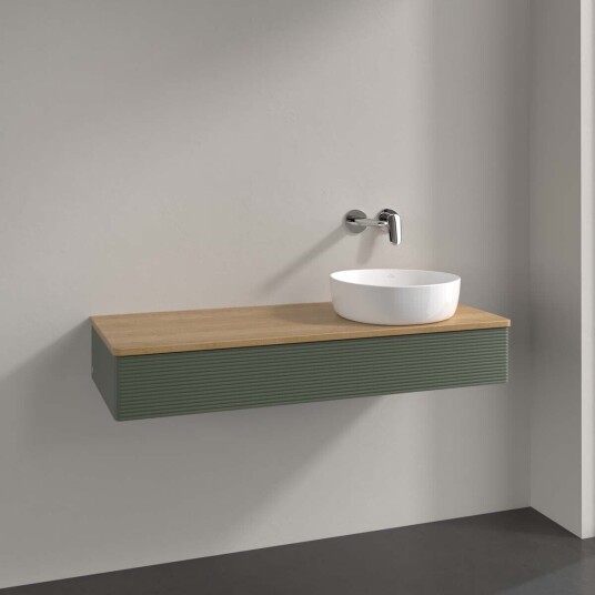 Villeroy & Boch Antao Servantskap med 1 skuff 120x50x19 cm m/lys Grønn Matt/Eik Villeroy & Boch Antao Servantskap med 1 skuff 120x50x19 cm m/lys Grønn Matt/Eik