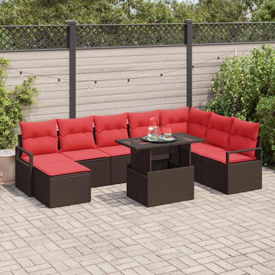vidaXL Hagesofa Set 9 stk. Brun og rød polyrotting