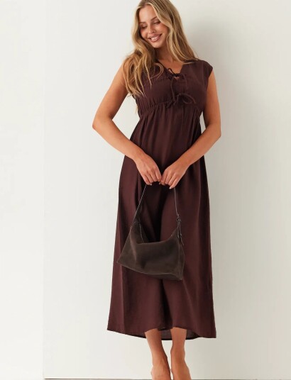 Bubbleroom Viscose Tie Detail Dress Brown L