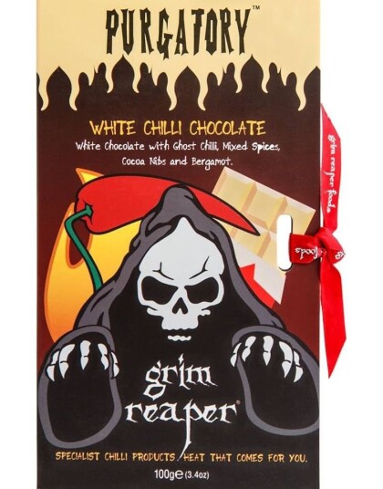 Grim Reaper Purgatory   Ekstremt Sterk Hvit Sjokolade med Ghost Pepper 100 gram