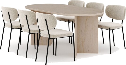 Dano Spisebord 180 cm med 6 Gemmiano Spisestoler - Travertin / Hvit Bouclé