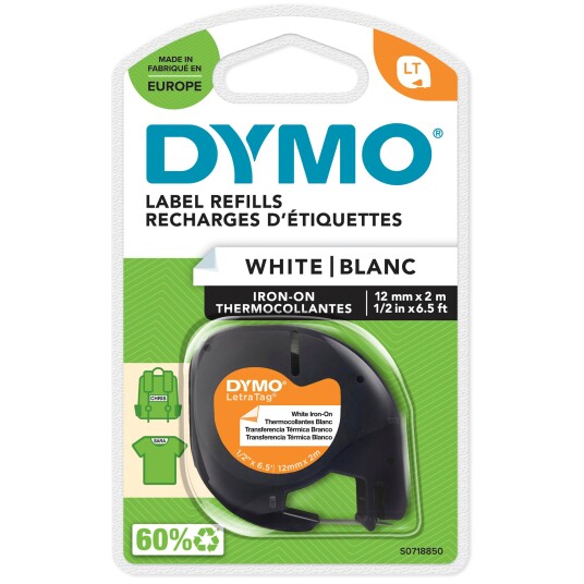 DYMO Letratag påstrykningsetiketter, 12mm x 2m, sort på hvit