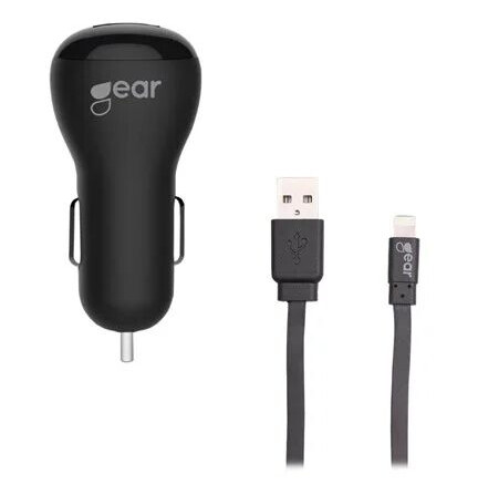 Gear 12V Mobillader med USB-A og Lightning Kabel 1m, Svart