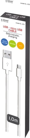 Savio Cl 123   Usb Kabel   Micro Usb Type B Hann Til Usb Hann   Usb 2.0   2.1 A   1 M   Hvit