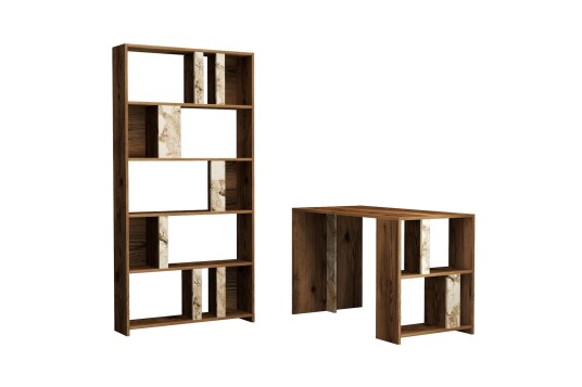 Skrivebord Tibani 120 cm Oppbevaring Hylle+Bokhylle Marmormø Brun