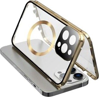 Dobbeltsidig herdet glass + magnetisk metallramme Anti-Drop Case for iPhone 15 Kompatibel med MagSafe Phone Cover med spennelås -