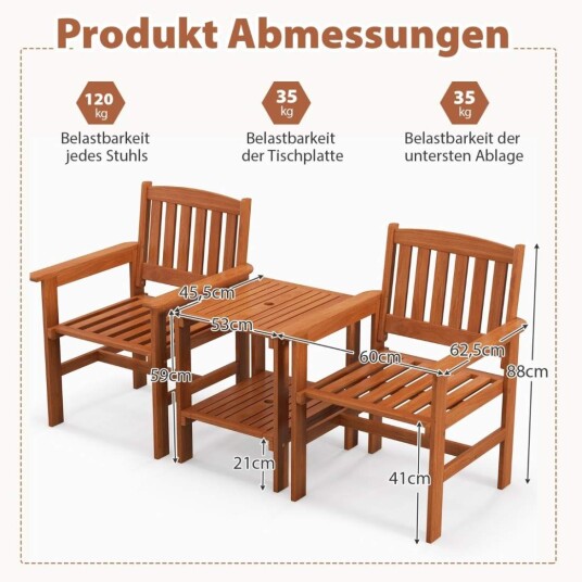 3-delt bistrosett i tre med 2 stoler & bord & hull for parasoll sittegruppe