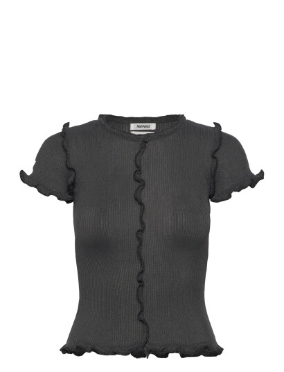 Monki Frill-Edge Ribbed Knitted Top - Grey - XXS