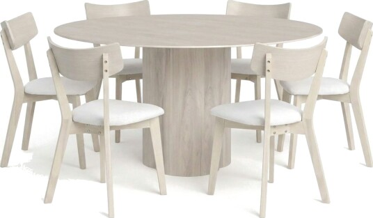 Juno spisegruppe 150 cm rund hvitlasert med 6 Amelia spisestoler med pute Hvitlasert/Beige