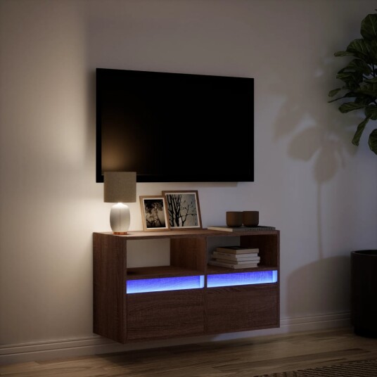 Vegghengt TV-benk med LED brun eik 80x31x45 cm 8721102968983 Vegghengt TV-benk med LED brun eik 80x31x45 cm 8721102968983