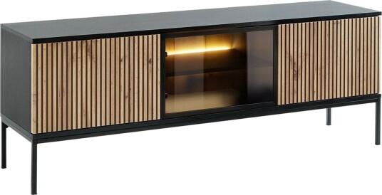 Klinkerville TV-benk med Belysning 39 cm dyp 56 cm bred - Svart Tre / Glass / Ribbet