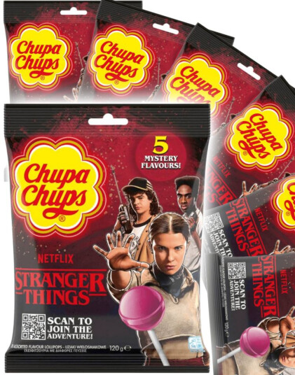 Hancocks 12 stk Chupa Chups Stranger Things Lollipop 5 Mystery Flavours Kjærligheter med 5 Forskjellige Smaker Hel Eske 144 kg