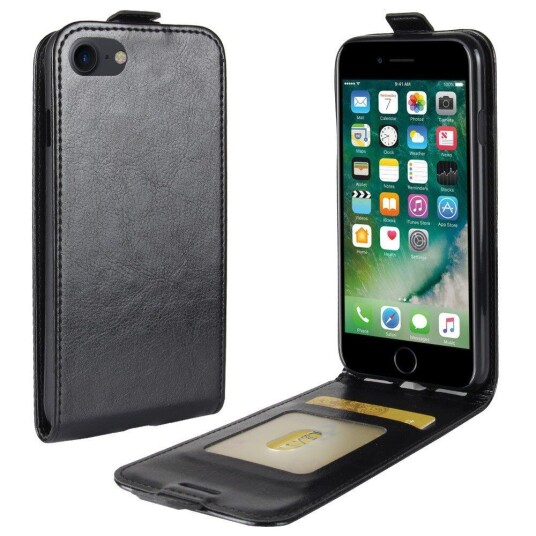 INCOVER iPhone SE (2022 / 2020) / 8 / 7 Vertikalt Flip Kunst Skinn Deksel med Lommebok - Svart