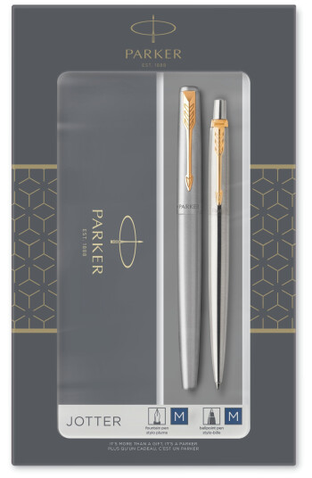 Parker Jotter Duo Gift Set with Ballpoint Pen & Fountain Pen  Stainless Steel with Gull Trim  Blå Ink Refill & Cartridges  Gift Box
