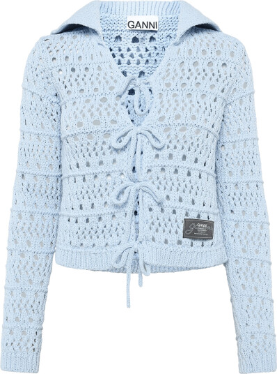 GANNI Cotton Mix Tie String Cardigan Blue S GANNI Cotton Mix Tie String Cardigan Blue S