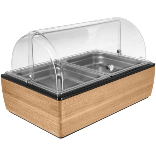 VEGA Buffetsystem komplett Montana eik 6,5 cm rustfritt stål 2 x GN 1/2; Størrelse GN 1/1, 57x36.5x34.9 cm (LxBxH); Eik/Transparent/Stålgrå; Rektangulær
