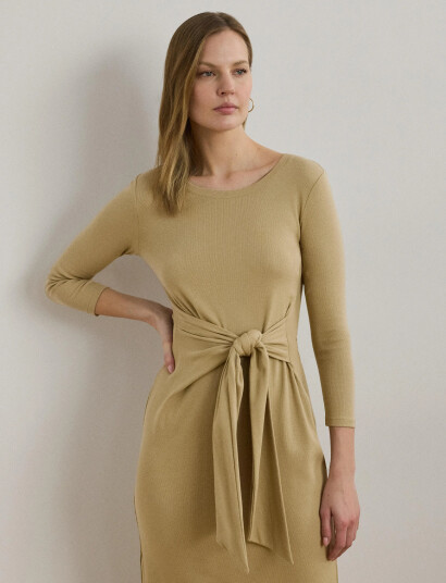 Lauren Ralph Lauren Tie-Front Cotton-Blend Crewneck Dress - Beige - L