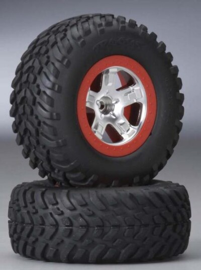 Traxxas 5873A SCT Tires/ChromeWheels/Red Beadlock Assembly Rear