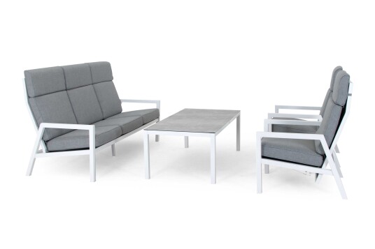 Brafab Belfort sofagruppe Vit med grå dyna 3 seter sofa 2 st reclinerstoler & sofabord 140x70 cm