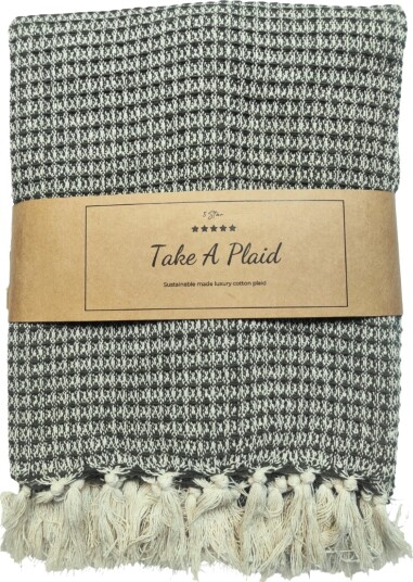 Home Tex Bomullspledd   100% resirkulert bomull   130x180 cm   Hvit med grønt mønster