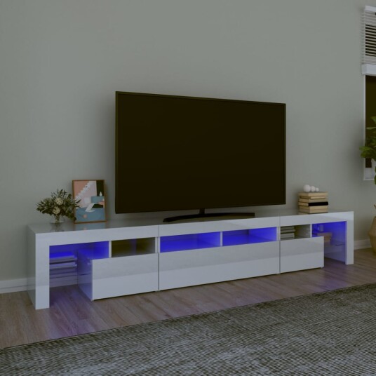 TV-benk med LED-lys høyglans hvit 230x36,5x40 cm