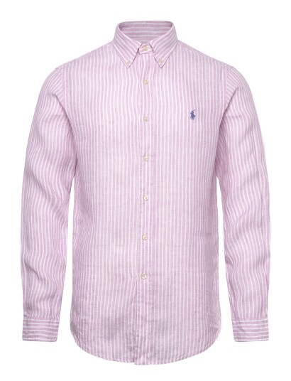 Polo Ralph Lauren Custom Fit Striped Linen Shirt   Pink   L