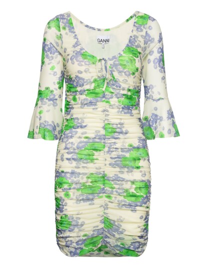 Ganni | Printed Mesh U Neck Ruched Mini Dress | 34 Ganni | Printed Mesh U Neck Ruched Mini Dress | 34