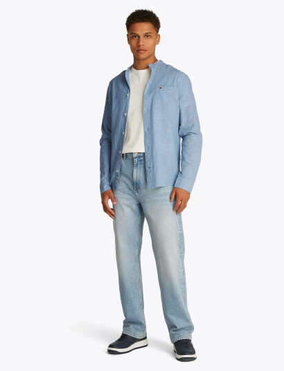 Tommy Jeans Tjm Linen Mix Band Collar Shirt - Blue - M Tommy Jeans Tjm Linen Mix Band Collar Shirt - Blue - M