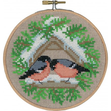 Permin Broderisett Flax Bullfinch med ramme Ø13cm