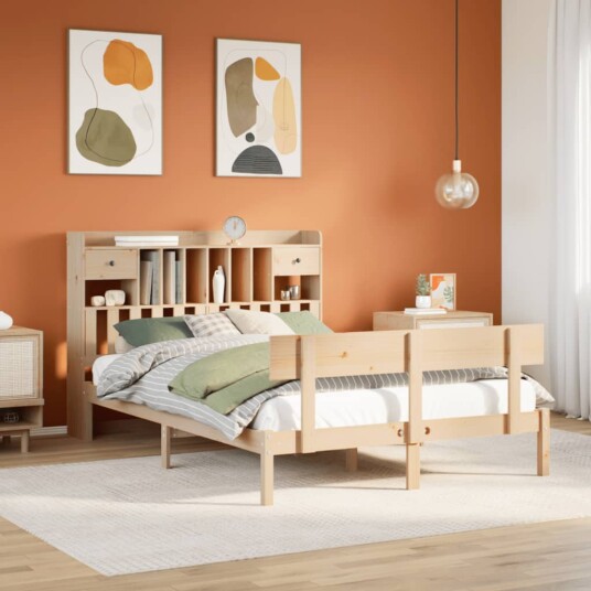 Seng med bokhylle uten madrass 140x200 cm heltre furu 8721158606211