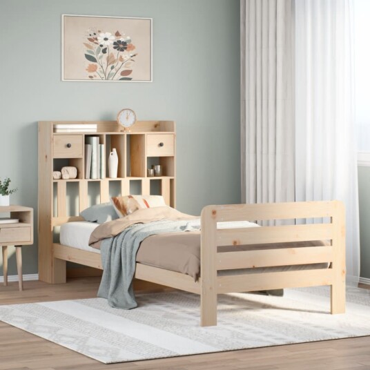 Seng med bokhylle uten madrass 90x200 cm heltre furu 8721158411280