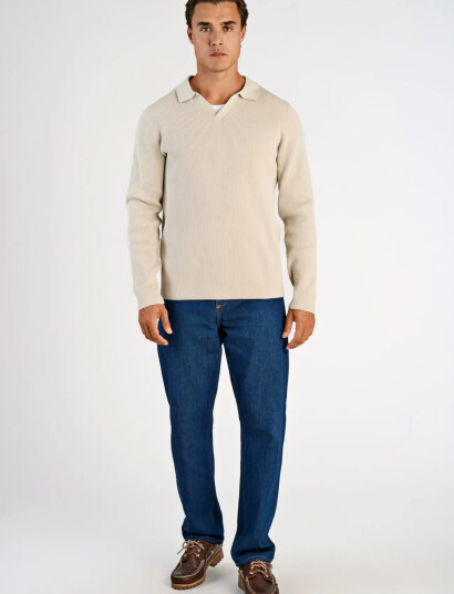 Lindbergh Rib Knitted L/S V Neck Polo   Cream   XL