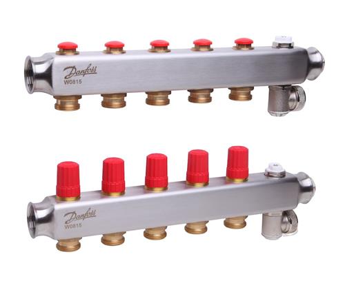 Danfoss Gulvvarme Rustfrit Stal Manifoldsat Med 5 Kredse Samt Udlufter & Aftap Danfoss Gulvvarme Rustfrit Stal Manifoldsat Med 5 Kredse Samt Udlufter & Aftap