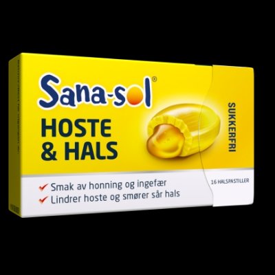 Sana Sol Hoste & Hals – Sukkerfrie halspastiller med honning og ingefær 16 stk