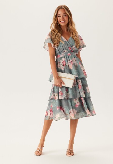 Goddiva Floral Flutter Tiered Midi Dress Goddiva Floral Flutter Tiered Midi Dress
