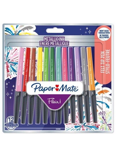 Paper-Mate Flair Metallic Felt Tip Pens  Glittery Ink Shines on Hvit Paper  Assorted Colours  Medium Point 0.7mm  12 Count