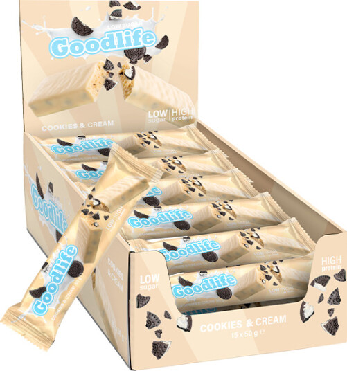 15 x Goodlife Low Sugar 50 g Cookies & Cream Kort Dato