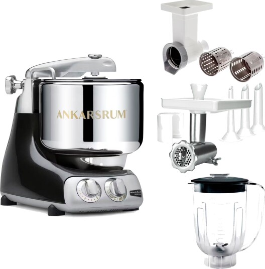 Ankarsrum Assistent Original AKM 6230 kjøkkenmaskin med kjøttkvern skjæretilbehør og blenderkanne black diamond
