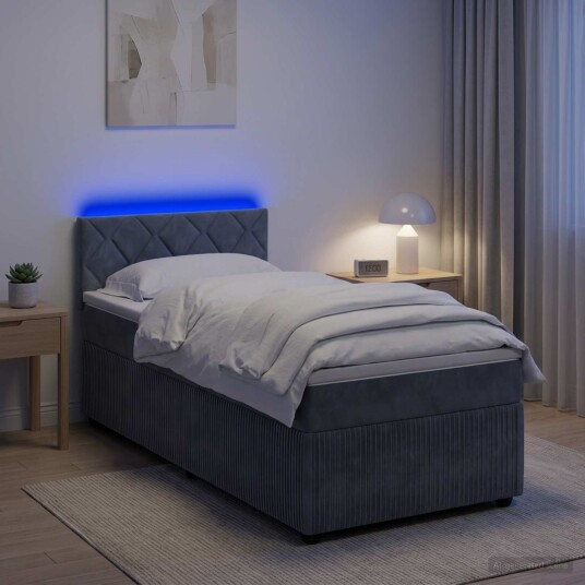 vidaXL Box Spring Seng med Madrass og LED Mørkegrå 90 x 190 cm Fløyel