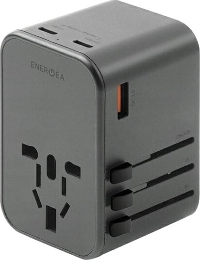 Energea Lad. Strømadapter 1Xusb + 2Xusb-Cpd/Pps Qc 3.0 65W 1A2c Gan 4-I-1 Reiseadapter Us/Ua/Eu/Uk Grå/Gunmetal Travelworld Adapter