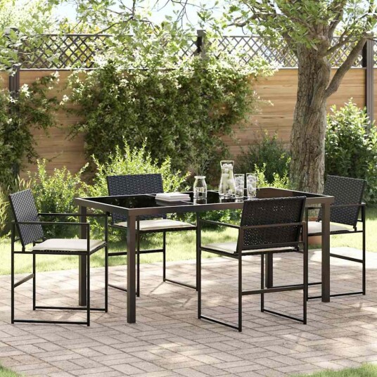 5 Delers Hagemiddagssett med Pute Svart Poly Rattan