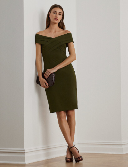 Lauren Ralph Lauren Crepe Off The Shoulder Cocktail Dress   Khaki green   34