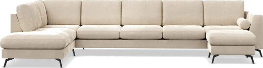 Ocean Lyx 6 seters Venstrevendt U formet Sofa med Divan og Sjeselong + Fotskammel i Fløyel Beige