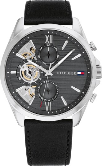 Tommy Hilfiger Herreklokke i stål med sort skinnrem