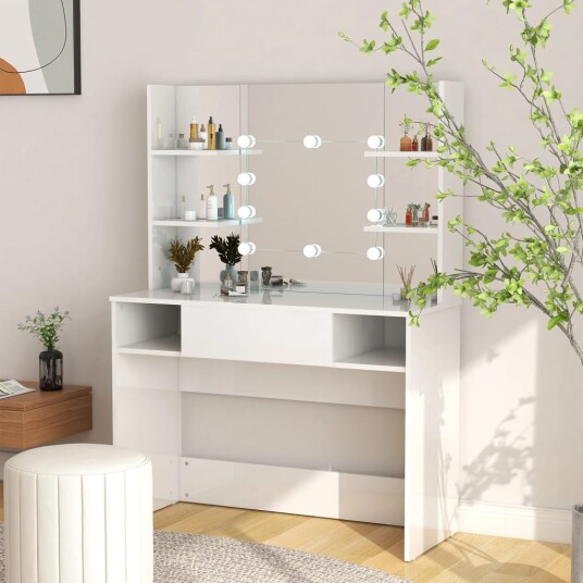 vidaXL Sminkebord med LED-lys 100x40x135 cm MDF blank hvit