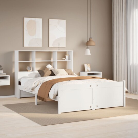 Seng med bokhylle uten madrass hvit 160x200 cm heltre furu 8721158612632