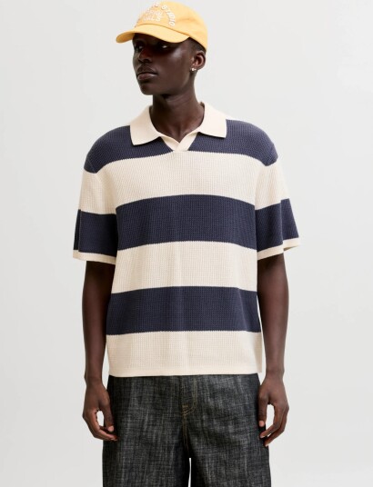 Jack & Jones Jorliam Knit Stripe Split Neck Styd Ss26   CreaM