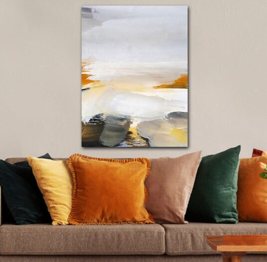 Lerretsbilde 70x100 cm Abstrakt landskap med myke fargeoverganger og lyse toner Grå / Hvit / Gul