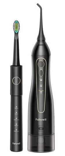 Sonisk Tannbørste Med Hodespisser Og Irrigator Fairywill Fw-5020E + Fw-E11 Svart Sonisk Tannbørste Med Hodespisser Og Irrigator Fairywill Fw-5020E + Fw-E11 Svart